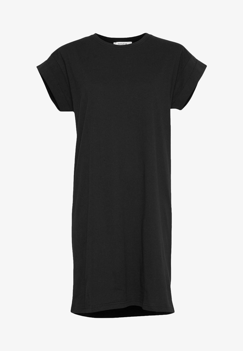 Robe T-shirt noire à manches courtes avec revers aux manches et encolure ronde, coupe droite, longueur genou.