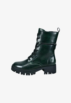 Schnürstiefelette aus dunkelgrünem, glänzendem Leder mit seitlichem Reißverschluss, strukturiertem schwarzen Gummisohle und geprägtem Logodetail am Schaft.