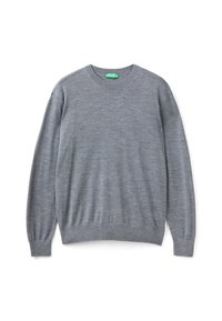Pull grigio realizzato in materiale morbido, con colletto rotondo classico, maniche lunghe e polsini e fondo a coste. Tessuto uniforme senza motivi.