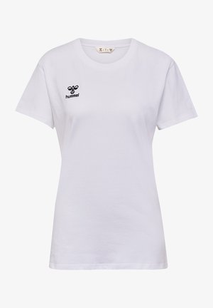 Weißes Baumwoll-T-Shirt mit kurzen Ärmeln und rundem Halsausschnitt. Es hat ein schwarzes gesticktes Logo auf der linken Brustseite.