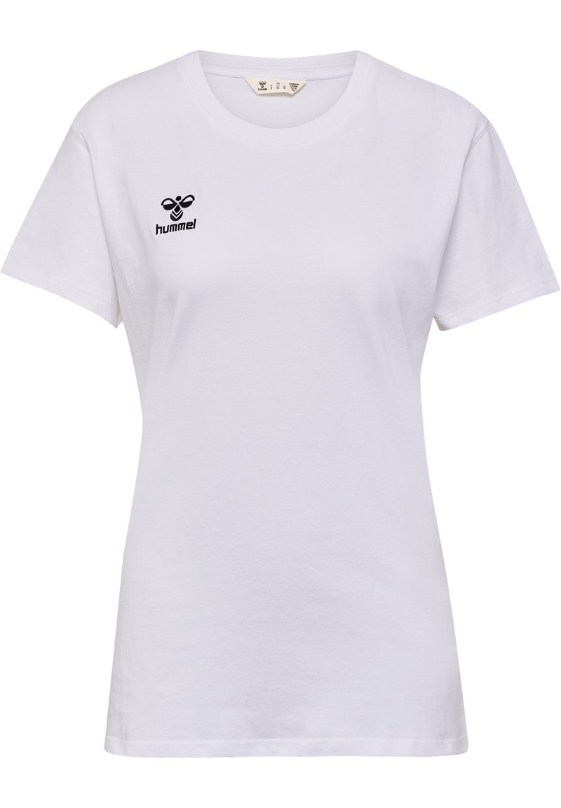 Hvid bomulds t-shirt med korte ærmer og rund hals. Den har et sort broderet logo på venstre brystområde.