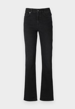 Jeans negre din denim, cu croi evazat și talie înaltă, buzunare frontale, cusături subtile și închidere clasică cu nasture. Textură netedă, design structurat.