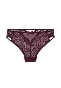 Bordeaux kanten bikini-stijl ondergoed met bloemenpatroon, semi-doorzichtige voorkant, en bijpassende satijnen strikaccent in het midden.