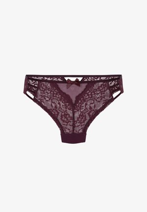 Burgunderfarbene Spitzenunterwäsche im Bikini-Stil mit floralem Muster, halbtransparentem Vorderteil und passendem satinähnlichem Schleifenakzent in der Mitte.