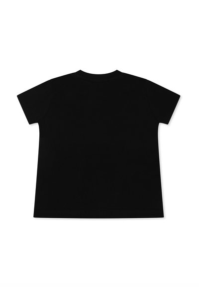 Maglietta nera a maniche corte in cotone, con scollo rotondo e orlo dritto senza ulteriori elementi di design.