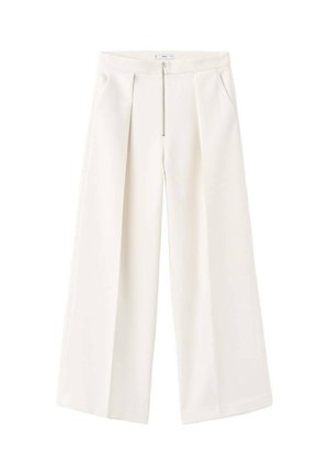 Pantalons à jambes larges de couleur crème clair, avec une fermeture éclair avant et des plis. Fabriqu�és en tissu lisse avec une texture douce.