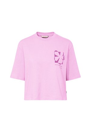 T-shirt corta color lilla chiaro con maniche corte e una piccola grafica floreale astratta sul petto a sinistra con la scritta "TOGETHER".