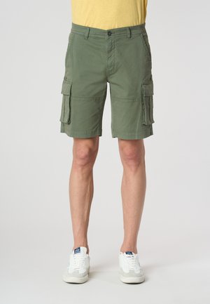 Pantaloni cargo verdi con molteplici tasche laterali, realizzati in tessuto resistente, presentano una vestibilità dritta e una chiusura con bottone in vita.