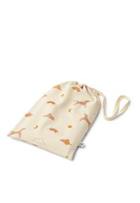 Sacca con coulisse realizzata in tessuto crema, decorata con un motivo di unicorni rosa, nuvole, arcobaleni e lune in delicati colori pastello.