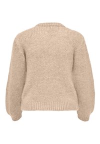 Maglione di lana a maglia beige con maniche lunghe, polsini e orlo a costine, mostrato da dietro su uno sfondo bianco.