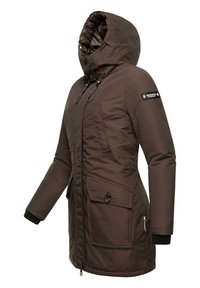 Brown insulated parka with a hood, front zipper, two large pockets, and elastic cuffs. Features a logo patch on the shoulder. Smooth texture.