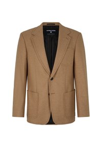 Beige Wolle-Mix-Blazer mit Reverskragen, zwei Vorderaschen, Ein-Knopf-Verschluss und schwarz gestreiftem Innenfutter.