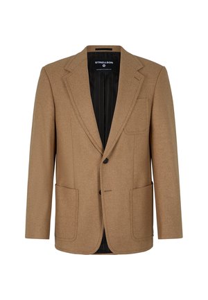 Tan wollen blend blazer met een geknopt revers, twee voorzakken, een enkele knoopsluiting en zwart gestreepte voering.