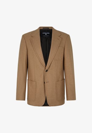 Beige Wolle-Mix-Blazer mit Reverskragen, zwei Vorderaschen, Ein-Knopf-Verschluss und schwarz gestreiftem Innenfutter.