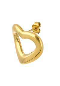 Náušnice zlaté barvy ve tvaru srdce s hladkým, leštěným povrchem a bezpečným patentním zapínáním. Výrazné díky svému otevřenému středu.