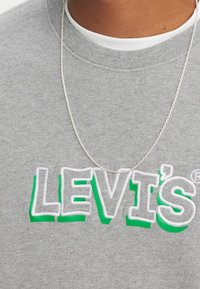 Felpa grigia con logo "LEVI'S" ricamato in bianco e verde. Una collana in argento è visibile, aggiungendo un tocco metallico.