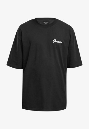Black cotton t-shirt with short sleeves, crew neck. Features small white "Dropsize" logo on the left chest area. Simple, unembellished design.