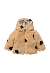 Faux-Fur-Mantel in Beige mit schwarzen Punkten, ausgestattet mit einer Kapuze und einem gepunkteten Innenfutter. Weiche Textur mit einem Reißverschluss auf der Vorderseite.