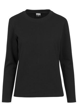 Melna garām piedurknēm T-krekls, izgatavots no kokvilnas maisījuma, ar apaļu kakla izgriezumu, ribotu tekstūru un regulāru piegriezumu. Etiķete redzama iekšpusē apakšā.