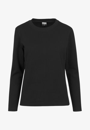 Melna garām piedurknēm T-krekls, izgatavots no kokvilnas maisījuma, ar apaļu kakla izgriezumu, ribotu tekstūru un regulāru piegriezumu. Etiķete redzama iekšpusē apakšā.