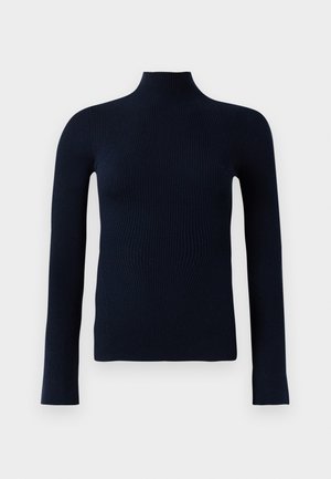 Pulover din lână, de culoare albastru marin, cu guler înalt, mânici lungi și siluetă ajustată. Textură netedă, cu detalii subtile ale cusăturii.