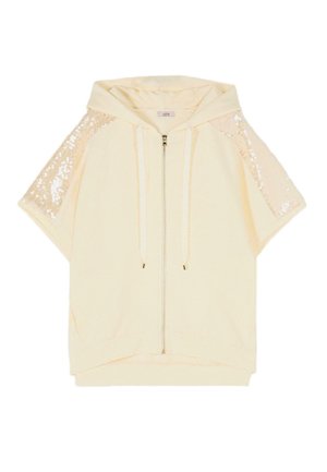 Kremowa bluza z kapturem i krótkimi rękawami, z zamkiem błyskawicznym z przodu i sznureczkami, z naszytymi na rękawach cekinami.