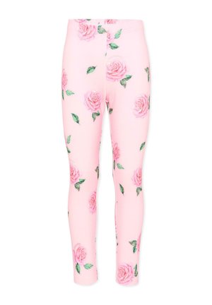 Leggings rosa a tutta lunghezza con un motivo di grandi rose rosa sparse e foglie verdi su uno sfondo rosa chiaro.
