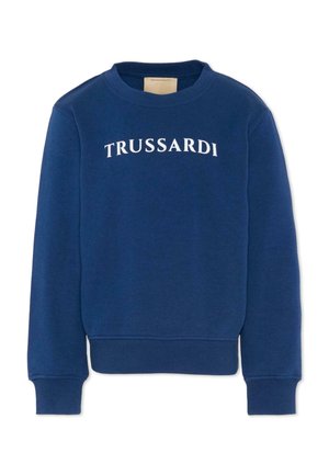 Felpa girocollo blu navy con polsini e orlo a coste, con scritta bianca "TRUSSARDI" sul petto.