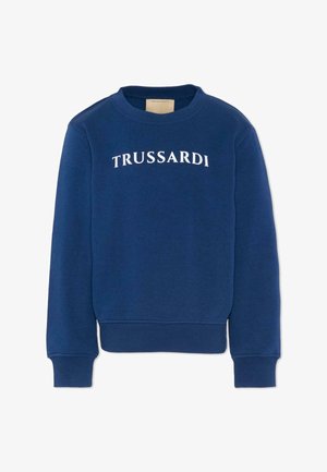 Marineblauwe crewneck trui met geribde manchetten en zoom, met witte "TRUSSARDI" tekst op de borst.