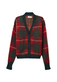 Cardigan à carreaux rouges et verts en laine texturée, avec un col en V, des boutons sur le devant et des poignets et un ourlet côtelés.