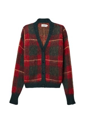 Cardigan à carreaux rouges et verts en laine texturée, avec un col en V, des boutons sur le devant et des poignets et un ourlet côtelés.