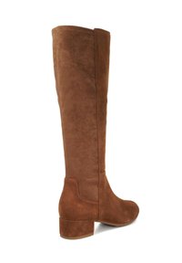 Brown suede knee-high boot with a block heel, smooth texture, rounded toe, and seamless side, designed for a fitted silhouette.
