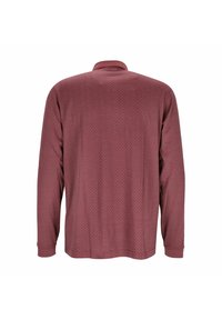Langärmliges Poloshirt in Dunkelrot mit strukturiertem geometrischen Muster. Verfügt über einen klassischen Kragen und gerippte Bündchen. Glatte Stoffoberfläche.