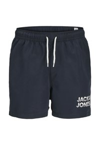 Bañador de color marino hecho de tejido ligero con cintura elástica, cordón blanco y un logo de la marca en el lado inferior.