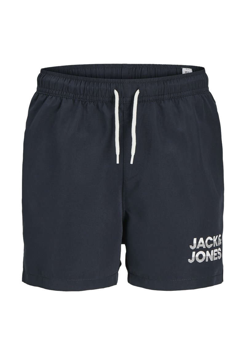 Bañador de color marino hecho de tejido ligero con cintura elástica, cordón blanco y un logo de la marca en el lado inferior.