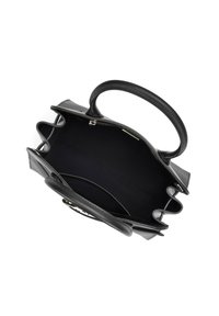 Borsa a mano nera in pelle con texture liscia, doppio manico e apertura superiore che rivela un interno in tessuto nero e scomparti interni.