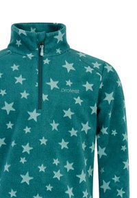 Sudadera de forro polar en color verde azulado con media cremallera y cuello alto. Presenta un patrón de estrellas en azul claro y un logotipo en el pecho. Textura suave.