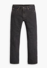 Jean en denim noir à jambes droites avec un design classique à cinq poches et fermeture à boutons, posé à plat sur un fond blanc.