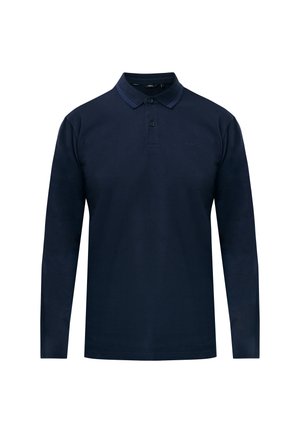 Marineblå langærmet polo med to-knaps placket og subtile krave-striber på en ensfarvet hvid baggrund.