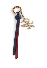 Porte-clés avec un anneau en métal doré et un pendentif orné de rubans en cuir bleu et rouge, rehaussé d'un logo en script doré.
