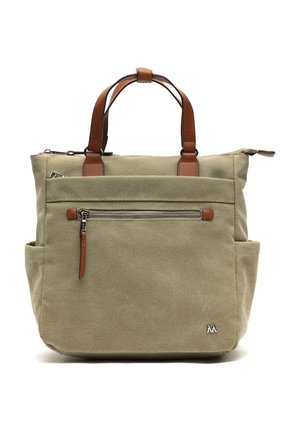 Beige lærreds-tote taske med brune læderhåndtag, lynlåsrum foran, sidelommer og lille sølvlogo nederst til højre.