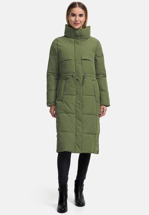 Long green puffer coat with high collar, two front pockets, cinched waist, and button accents along the side. Textured quilted fabric.