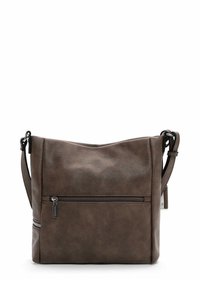 Borsa a tracolla in ecopelle marrone con una texture liscia, spallaccio regolabile e tasca con zip frontale. Design semplice e pratico.