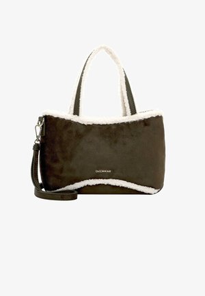 Borsa rettangolare marrone scuro con bordi in finta pelliccia bianca, due manici superiori e una tracolla staccabile. Logo del marchio in argento EMILY & NOAH.