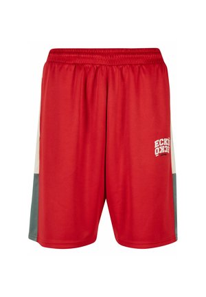 Shorts atletice roșii realizate dintr-un material neted, cu un elastic flexibil la talie și detaliu logo alb pe piciorul stâng. Panouri laterale în două culori, de culoare gri.