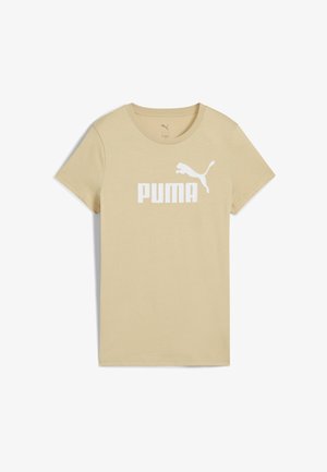 Bežinė medvilninė marškinė su apvalioms iškirptėms, trumpomis rankovėmis ir baltai spausdintu "PUMA" logo bei šuoliuojančio puma dizainu priekyje.