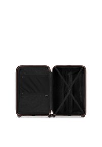 Hard-shell suitcase with a brown trim, opened to reveal a black fabric interior. Features zippered pocket and cross straps for securing items.