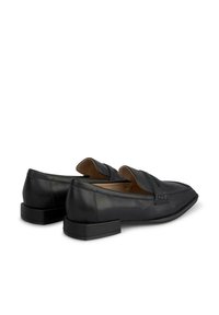 Schwarze Lederloafers mit flachem Quadratabsatz, praktischer Schlupf-Design, dekorativer Naht und glatter Textur. Abgerundete Spitze mit dezenten Akzenten.