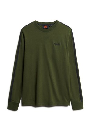 Long-sleeve olive green cotton t-shirt with black side stripes and a round neckline. Features a small logo on the chest.