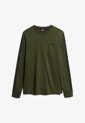 Long-sleeve olive green cotton t-shirt with black side stripes and a round neckline. Features a small logo on the chest.